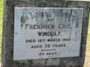 Freidrich Carl WINDOLF,
died 19 March 1949 aged 75 years;
Kalbar General Cemetery, Boonah Shire