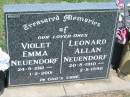 Violet Emma NEUENDORF,
24-9-1912 - 1-2-2001;
Leonard Allan NEUENDORF,
20-8-1910 - 2-8-1990;
Kalbar General Cemetery, Boonah Shire