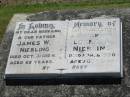 James W. NIEBLING,
husband father,
died 31 Oct 1964 aged 65 years;
Loran A. NIEBLING,
mother grandmother,
died 16 Mar 1990 aged 83 years;
Kalbar General Cemetery, Boonah Shire