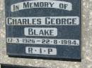 Charles George BLACK,
17-3-1926 - 22-8-1994;
Kalbar General Cemetery, Boonah Shire