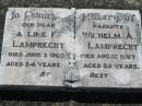 parents;
Pauline F. LAMPRECHT,
died 3 June 1960 aged 84 years;
Wilhelm A. LAMPRECHT,
died 16 Aug 1957 aged 89 years;
Kalbar General Cemetery, Boonah Shire