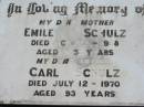 Emile SCHULZ, mother,
died 25 Oct 1968 aged 85 years;
Carl SCHULZ, father,
died 12 July 1970 aged 93 years;
Kalbar General Cemetery, Boonah Shire