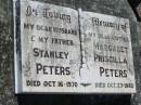 Stanley PETERS, husband father,
died 16 Oct 1970;
Margaret Priscilla PETERS, mother,
died 27 Oct 1982;
Kalbar General Cemetery, Boonah Shire