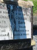 Kevin Thomas MCGRATH, son,
accidentally killed 4 Aug 1961 aged 17 years;
Colleen Dawn, sister,
accidentally killed 12 March 1964 aged 21 years;
Kalbar General Cemetery, Boonah Shire