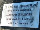 Joseph KRUEGER, brother,
died 8 March 1954 aged 60 years;
Kalbar General Cemetery, Boonah Shire