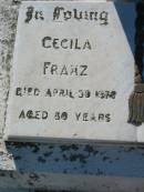 Cecila FRANZ,
died 30 April 1978 aged 80 years;
Stefan FRANZ,
died 15 Aug 1981 aged 86 years;
Kalbar General Cemetery, Boonah Shire