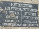 Harold Daniel SURAWSKI,
1-12-1904 - 7-9-1977;
Ursula Margaret SURAWSKI,
10-2-1904 - 20-2-1981;
Kalbar General Cemetery, Boonah Shire