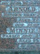 Arnold MULLER, husband father,
died 22 May 1980 aged 77 years;
Minnie MULLER, mother,
died 9 July 1996 aged 95 years;
Kalbar General Cemetery, Boonah Shire