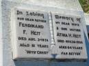 Ferdinand F. HEIT, father,
died 3 Aug 1974 aged 81 years;
Atina H. HEIT, wife mother,
died 26 Nov 1956 aged 64 years;
Kalbar General Cemetery, Boonah Shire