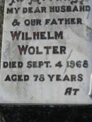 Wilhelm WOLTER, husband father,
died 4 Sept 1968 aged 78 years;
Mabel WOLTER, mother,
died 21 Feb 1973 aged 83 years;
Kalbar General Cemetery, Boonah Shire
