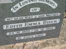Edith Emma RIECK, wife mother,
24-10-1899 - 30-10-1985;
Kalbar General Cemetery, Boonah Shire
