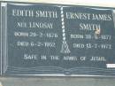 Edith SMITH nee LINDSAY,
born 29-2-1876 died 6-2-1952;
Ernest James SMITH,
born 30-6-1877 died 13-7-1972;
Kalbar General Cemetery, Boonah Shire