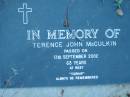 Terence John MCCULKIN (Turnip),
died 13 Sept 2002 aged 63 years;
Kalbar General Cemetery, Boonah Shire