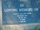 Violet Lillian HARM,
died 3 Oct 1989 aged 77 years;
Kalbar General Cemetery, Boonah Shire