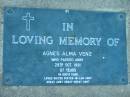 Agnes Alma VENZ,
died 28 Oct 1991 aged 87 years,
sister sister-in-law aunt great-aunt
great-great-aunt;
Kalbar General Cemetery, Boonah Shire
