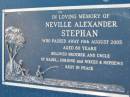 Neville Alexander STEPHAN,
died 19 Aug 2005 aged 80 years,
brother and uncle of Hazel & Corrine
and nieces & nephews;
Kalbar General Cemetery, Boonah Shire