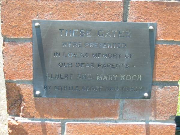 parents Albert & Mary KOCH,  | presented by Myrtle, Geoff & family;  | Kalbar General Cemetery, Boonah Shire  | 