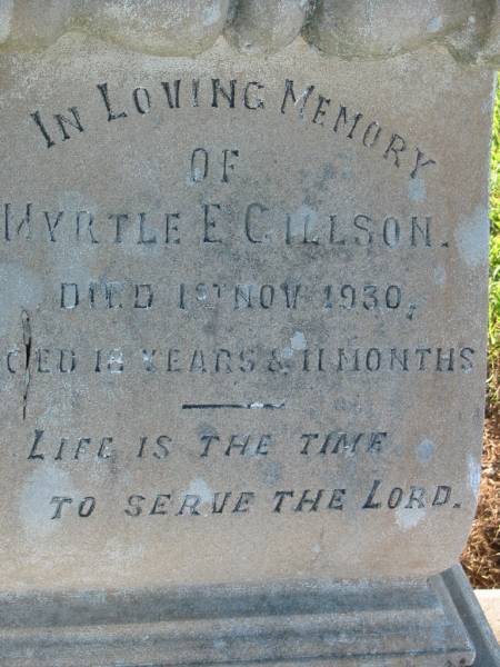 Myrtke E. GILLSON,  | died 1 Nov 1930 aged 18 years 11 months;  | Kalbar General Cemetery, Boonah Shire  | 