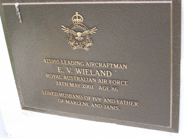 E.G. WIELAND,  | died 24 May 2001 aged 86 years,  | husband of Ivy,  | father of Marlene & Janis;  | Kandanga Cemetery, Cooloola Shire  | 