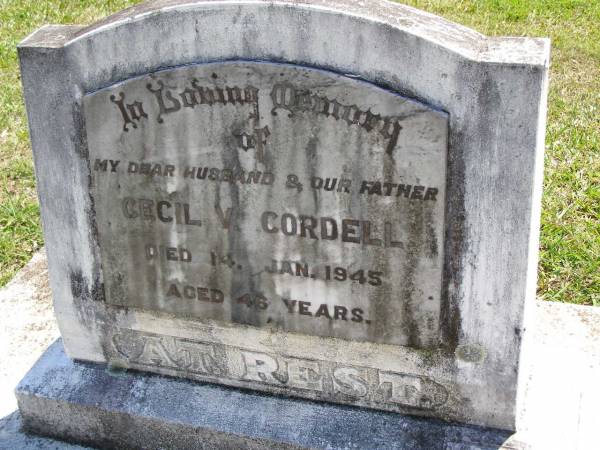 Cecil V. CORDELL, husband father,  | died 14 Jan 1945 aged 46 years;  | Kandanga Cemetery, Cooloola Shire  | 