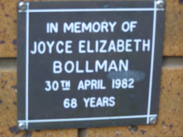Joyce Elizabeth BOLLMAN  | d: 30 Apr 1982, aged 68  | Kenmore-Brookfield Anglican Church, Brisbane  | 