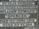 William Edward SPENCER, husband father stepfather, died 11 June 1919 aged 57 years; Agnes Clarke SPENCER, mother, died 13 Aug 1945 aged 74 years; Kilkivan cemetery, Kilkivan Shire 