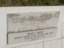 Francis Lionel BEER, husband, died 30-11-1974 aged 60 years; Mary BEER, wife sister aunt, 4-8-13 - 16-5-93; Kilkivan cemetery, Kilkivan Shire 