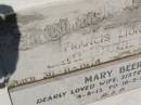 Francis Lionel BEER, husband, died 30-11-1974 aged 60 years; Mary BEER, wife sister aunt, 4-8-13 - 16-5-93; Kilkivan cemetery, Kilkivan Shire 