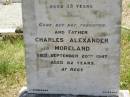 Mary Thompson MORELAND, wife of C.A. MORELAND, died 15 Sept 1909 aged 35 years; Charles Alexander MORELAND, father, died 20 Sept 1947 aged 82 years; Kilkivan cemetery, Kilkivan Shire 