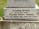 Julia Anne FRASER, died 6 Feb 1910 aged 28 years; William Grant FRASER, father, died 18 Aug 1921 aged 47 years; John COLEMAN, died "Dunoine" Kilkivan 6 May 1923 aged 70 years, erected by wife; Catherine COLEMAN, wife, died 24 Jan 1935 aged 75 years; Kilkivan cemetery, Kilkivan Shire 