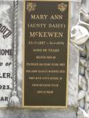Frederick Melchome, husband of Mary Ann EULER, died 18 Nov 1923 in 50th year; Mary Ann (Aunty Daisy) MCKEWEN, 22-7-1887 - 9-1-1976 aged 88 years, wife of Frederick Melchome EULER (dec), Benjamin Charles MCKEWEN (dec), mother of Colin Melchome EULER; Kilkivan cemetery, Kilkivan Shire 