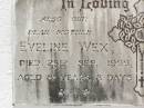 Francis WEX, husband father, died 8 April 1937 aged 61 years 11 months; Eveline WEX, mother, died 23 Sept 1966 aged 81 years 3 days; Kilkivan cemetery, Kilkivan Shire 