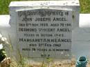 John Joseph ANGEL, died 6 Nov 1959 aged 78 years; Desmond Vincent ANGEL, killed in action 1942; Margaret Anne ANGEL, died 21 Feb 1962 aged 78 years 11 months; Kilkivan cemetery, Kilkivan Shire 