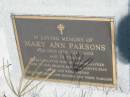 Mary Ann PARSONS, died 15 July 2003 aged 78 years, wife of George Alfred, remembered by brothers & sisters; Kilkivan cemetery, Kilkivan Shire 
