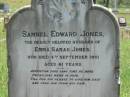 Samuel Edward JONES, husband of Emma Sarah JONES, died 4 Sept 1901 aged 61 years; Art, born 9 March 1891, died 26 Feb 1917; Arthur E. JONES, died 26 Feb 1917 aged 25 years 11 months; Kilkivan cemetery, Kilkivan Shire 