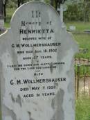 Henrietta, wife of G.M. WOLLMERSHAUSER, died 18 Aug 1902 aged 57 years; G.M. WOLLMERSHAUSER, died 7 May 1928 aged 91 years; Kilkivan cemetery, Kilkivan Shire 