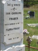 William FRASER, husband of Flora FRASER, died 13 Sept 1902 aged 72 years; Flora FRASER, wife of the late William FRASER, died 3 Jan 1909 aged 75 years; Ann Caroline FRASER, daughter of Flora FRASER, died 12 Aug 1902 aged 35 years; Kilkivan cemetery, Kilkivan Shire 