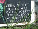 Eric John (Deena) TURNER, died 24 July 1992 aged 78 years; Vera Violet (Granma) TURNER, died 7 Dec 2000 aged 84 years; Kilkivan cemetery, Kilkivan Shire 