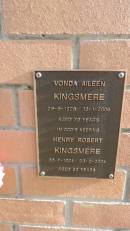 Vonda Aileen KINGSMERE b: 29 Aug 1926 d: 12 Jan 2006 aged 79  Henry Robert KINGSMERE b: 30 Jul 1921 d: 23 Feb 2004 aged 82  Kilkivan cemetery, Kilkivan Shire 
