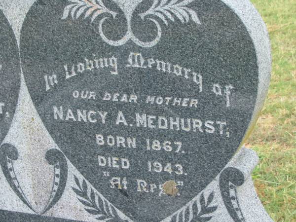 Roland R. MEDHURST,  | husband,  | born 1870,  | died 1833;  | Nancy A. MEDHURST,  | mother,  | born 1867,  | died 1943;  | H.J. MEDHURST,  | killed in action 1917;  | C.R. MEDHURT,  | died England 1916;  | Killarney cemetery, Warwick Shire  | 