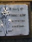 Margaret Kong POW,
mother,
died 13 Feb 1920 aged 78 years;
Florence Jane HING,
died 19 Feb 1915 aged 27 years;
Killarney cemetery, Warwick Shire