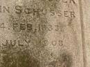 Elizabeth SCHUSSER,
wife of John SCHUSSER,
born 14 Feb 1833,
died 19 July 1908;
Killarney cemetery, Warwick Shire