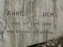 Annie A. LUCK,
died 9 Sept 1922 aged 23 years 8 months;
Killarney cemetery, Warwick Shire
