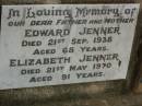 Edward JENNER,
father,
died 21 Sept 1938 aged 68 years;
Elizabeth JENNER,
mother,
died 21 May 1970 aged 91 years;
Killarney cemetery, Warwick Shire