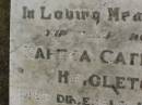 Martha Catherine HIGGLETON,
mother,
died 18 Dec 1951 aged 76 years;
Killarney cemetery, Warwick Shire