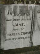 Jane,
wife of Charles CROSS,
mother,
died 10 April 1936;
Killarney cemetery, Warwick Shire