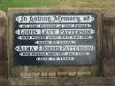Louis Levy PATTERSON,
husband father,
died 24 Aug 1961 aged 63 years;
Alma J. Doreen PATTERSON,
died 14 July 1989 aged 79 years;
erected by wife & family;
Killarney cemetery, Warwick Shire