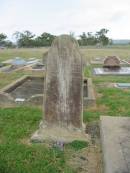 Jenet,
wife of John WATSON,
died 12 Oct 1895 aged 62 years;
Killarney cemetery, Warwick Shire