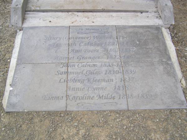 Henry (governor) WALLEN b: 1794 d:1856  | Jerimah CALNAN b: 1797 d: 1837  | Lucy Ann BEARE b: 1803 d: 1837  | Harriet GRANGER b: 1822 d: 1862  | John CALNAN b: 1823 d: 1853  | Samuel GILES b: 1830 d: 1839  | Liebling KLEEMAN d: 1837  | Annie LYNNE d: 1838  | Emma Karoline MILDE b: 1838 d: 1839  |   | Kingscote historic cemetery - Reeves Point, Kangaroo Island, South Australia  |   | 