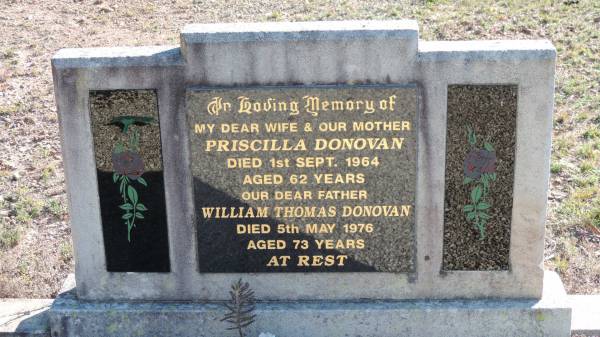 Priscilla DONOVAN  | d: 1 Sep 1964 aged 62  |   | William Thomas DONOVAN  | d: 5 May 1976 aged 73  |   | Leyburn Cemetery  |